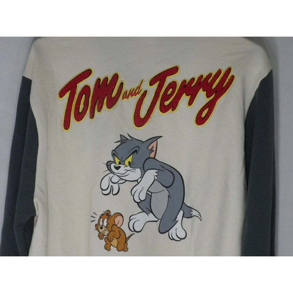 Tom and Jerry Jacket Mens M Beige Gray Snap Varsity Applique Cartoon Cat Mouse‎